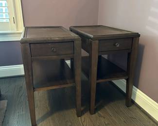 C5 - $400 PAIR. Bassett Palisaides Living Room Chairside Tables. Measures 14" wide x 24" deep x 24" tall. Sunburst veneer pattern using American Walnut. Excellent Condition.