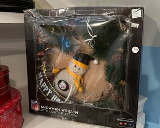 C92 - $10 Snowman Wreath with Lights. Pittsburgh Steelers.