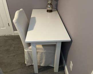 C68 - $300. Pottery Barn Bedford White 3 drawer Desk with chair. Drawers can be on either side! Measures 52" wide x 23" deep x 29" tall.