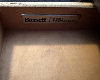 C5 - $400 PAIR. Bassett Palisaides Living Room Chairside Tables. Measures 14" wide x 24" deep x 24" tall. Sunburst veneer pattern using American Walnut. Excellent Condition.