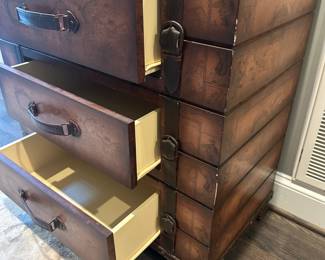 C15 - $75. 3 Drawer storage cabinet. Measures 33.5" wide x 17' deep x 31.5" tall. All 3 drawers slide easily. Map design. Has decorative leather straps and handles. Does have wear on corners.