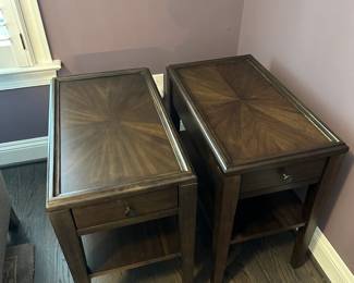 C5 - $400 PAIR. Bassett Palisaides Living Room Chairside Tables. Measures 14" wide x 24" deep x 24" tall. Sunburst veneer pattern using American Walnut. Excellent Condition.