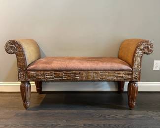 C14 - $225. Measures 54" x 20.5" x 27" tall. Leather upholstered entry bench. Leather is in very good condition. Rattan arms show a little bit of wear.