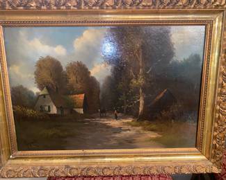 Rustic/rural Landscape, house with red roof and figure walking behind wagon illegibly signed
oil on panel
16 x 24