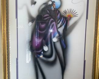 Robert Redbird Sr. (Native Am. 1939-2016)
Native American Holding Fan with blue moon and floating feathers Watercolor and acrylic on illustration board
39 x 28