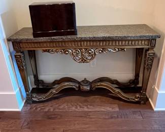 Gold wood console table with granite top
