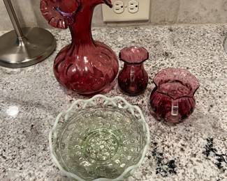 Fenton Cranberry, Vaseline opalescent, Puritan glass