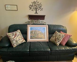 Green leather sofa, 6'5"