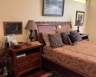 Stanley king size bed and end tables with lovely oriental rug and signed and numbered print by Bob Wygant