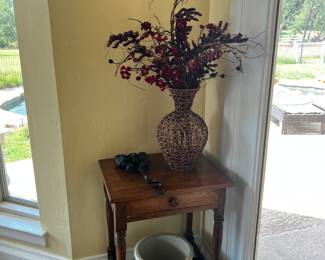 One of two redwing crocks, antique oak side table 