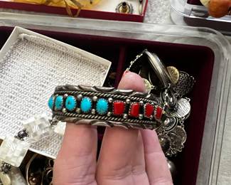 Coral and turquoise Navajo jewelry, signed 