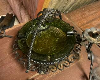 MCM ashtray green glass with metal design base