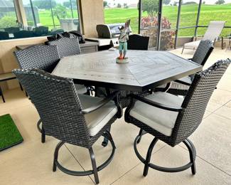 Hexagon Patio Table with Six Chairs, 60" w x 34 1/2" h Chair: 24" w x 42" h x 20" d, $495