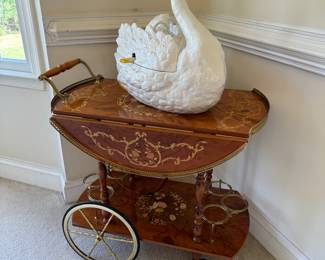 Drop Leaf Inlay Bar Cart with Swan Soup Tureen 