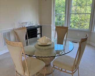 Cramco Inc. Beveled Round Glass Top Pedestal Dining Table (54"D x 28-1/2"H) & Cramco Inc. Upholstered Metal Framed Dining Chairs (4 Total)