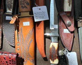 Hackman Tapio Wirkkala fixed knife, Wilkinson Sword Knife, Kwik Kut Knife, Camillus Pocket Knife, Ulster Boy Scout Knife,  Buck 103 Sheath
