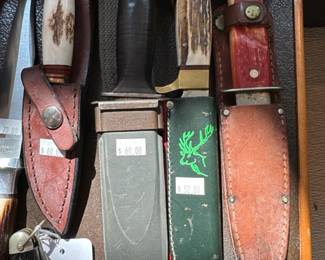 Hackman Tapio Wirkkala fixed knife, Wilkinson Sword Knife, Kwik Kut Knife, Camillus Pocket Knife, Ulster Boy Scout Knife,  Buck 103 Sheath