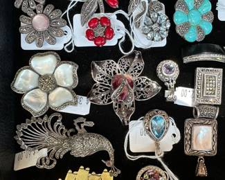 Sterling Marcasite Flower Brooch, Sterling and Mother of Pearl Woman Brooch