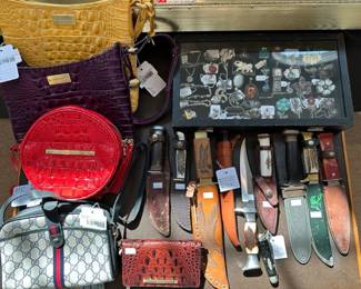 Hackman Tapio Wirkkala fixed knife, Wilkinson Sword Knife, Kwik Kut Knife, Camillus Pocket Knife, Ulster Boy Scout Knife,  Buck 103 Sheath, Brahmin Belle Red Shoulder Bag, Brahmin Jody Yellow Crossbody, Vintage Gucci Ophidia Crossbody Purse