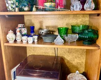 Clear and colored glass vases & candle holders.