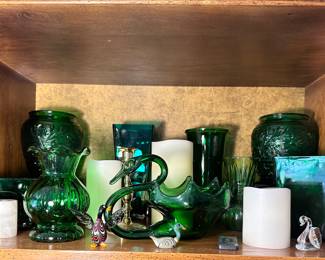 Green glass vase collection.