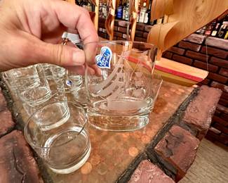 Hand etched crystal ship rocks glasses.