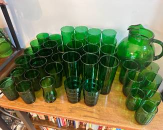 Anchor Hocking emerald green glasses and pitcher.