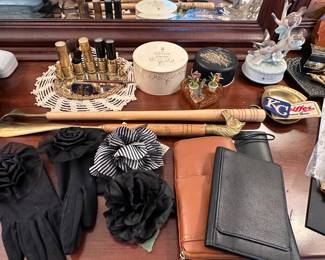 Gloves, folios & dresser items.