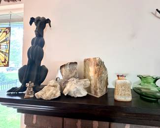 Stone bookends & stylized dog andiron.