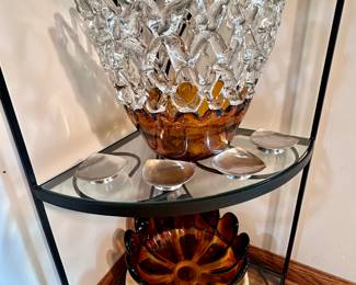 Vintage amber & clear lattice art glass bowl.