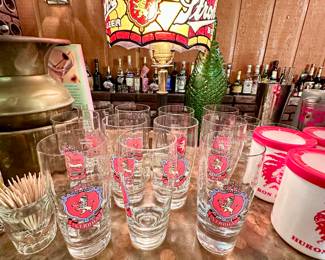 Stroh's light fixture & logo glassware.