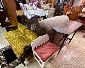 Vanity stool & carved wood settee.