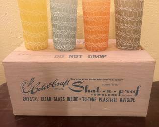 Vintage Mid Century Modern Spaghetti String Tumblers “Shat-R-Pruf” Still in Original Box! Set of 8