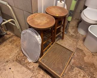 WOODEN STOOLS AND HAMPER