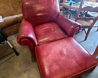 Red leather chair w/ ottoman