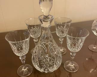 Crystal Etched Decanter and Wine Glasses