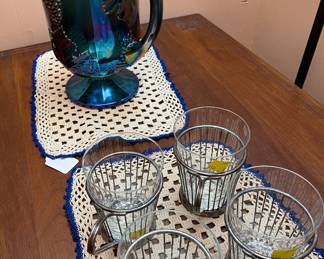 Carnival Glass Heavy Pitcher, Glasses with Wire Holders
