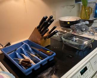 Assorted Kitchen Utensils, Pyrex Baking Dishes, Stacking Bowls, Cast Iron Skillet, Flatware