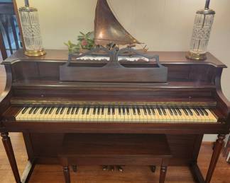 Estey International Awards Console Piano with Original Keys and Bench, Crystal Lamps, Vintage Hand Crafted 1962 Brazilian Jangada in Solid Copper from Brazil Signifying Strength, Courage and Determination 