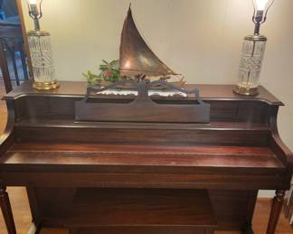 Estey International Awards Console Piano with Original Keys and Bench, Crystal Lamps, Vintage Hand Crafted 1962 Brazilian Jangada in Solid Copper from Brazil Signifying Strength, Courage and Determination 