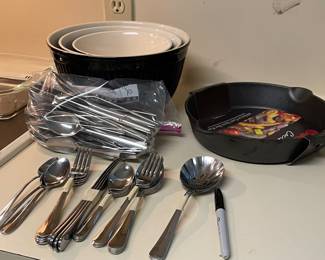 Stacking Bowls, Cast Iron Skillet, Flatware