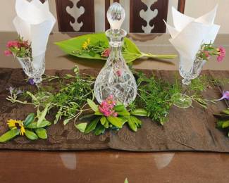 Mahogany Dining Table Seats Six (One Captains Chair), Royal Swan China, Flatware, Table Runner, Decanter with Four Wine Glasses