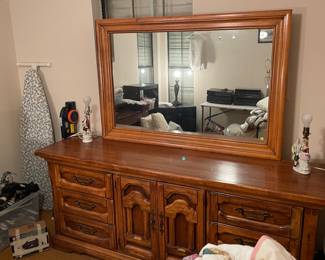 Dresser with Mirror, Ironing board, Iron Vacuum Cleaner, Vintage Lamps