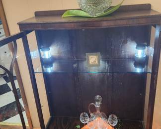 Antique Curio Cabinet, Decanter & Wine Glasses, Crystal Bowl
