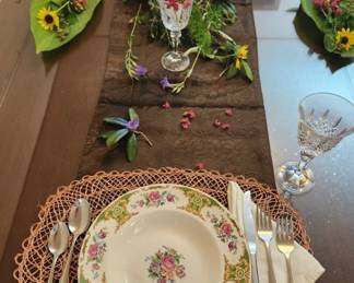 Mahogany Dining Table Seats Six (One Captains Chair), Royal Swan China, Flatware, Table Runner