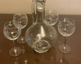 Crystal Etched Decanter and Wine Glasses