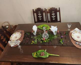 Mahogany Dining Table Seats Six (One Captains Chair), Royal Swan China, Flatware, Table Runner