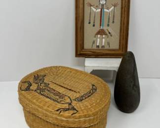 Native American and Alaskan Artifacts: Sand Painting, basket, & Stone Hand Axe	