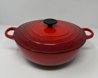 Le Creuset #26 Cast Iron - Large 4 1/4 Qt. Soup Pot - Cherry Red | Est. $330	