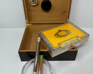 Wooden Cigar Humidor w/ Partagas Cigars, Ashtray, & Hygrometer	